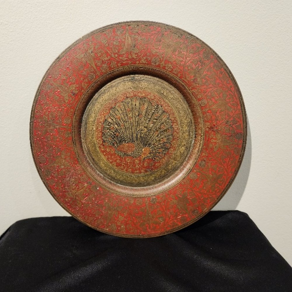 Vintage Brass Enamel Peacock Tray